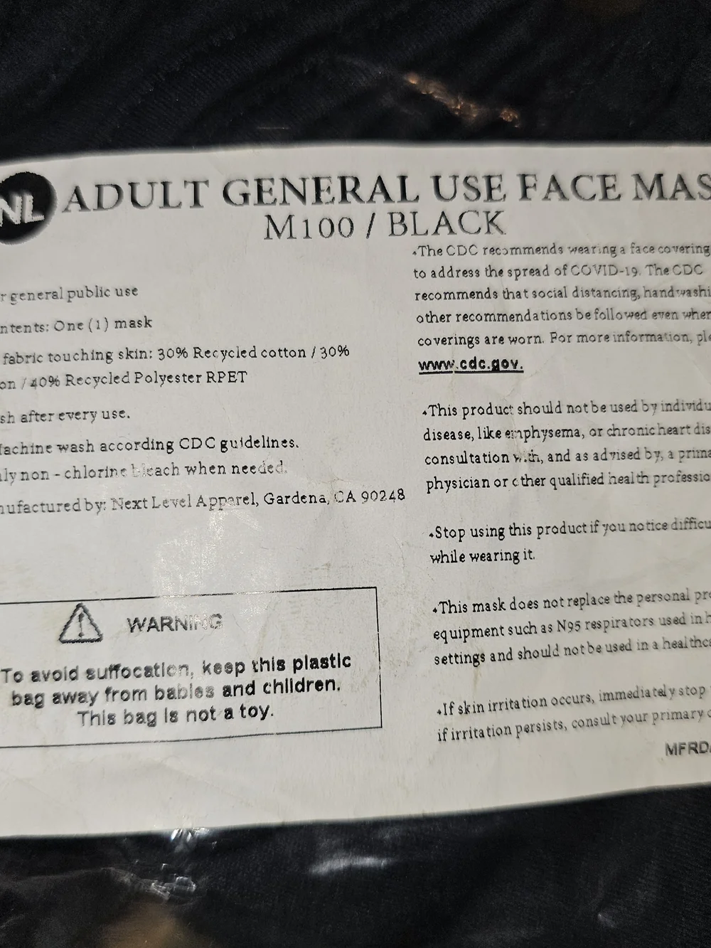 Never Opened: Next Level Apparel Black Adult Face Mask - Reusable 48PK